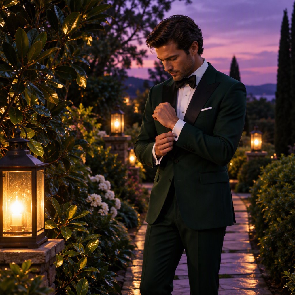 Along a garden path at violet dusk, an adult man in a midnight-green dinner suit adjusts one cuff beneath warm lantern glow, caught in a quiet pre-event pause with glossy leaves and elegant magazine polish. — GPT Image 2.5 Flare