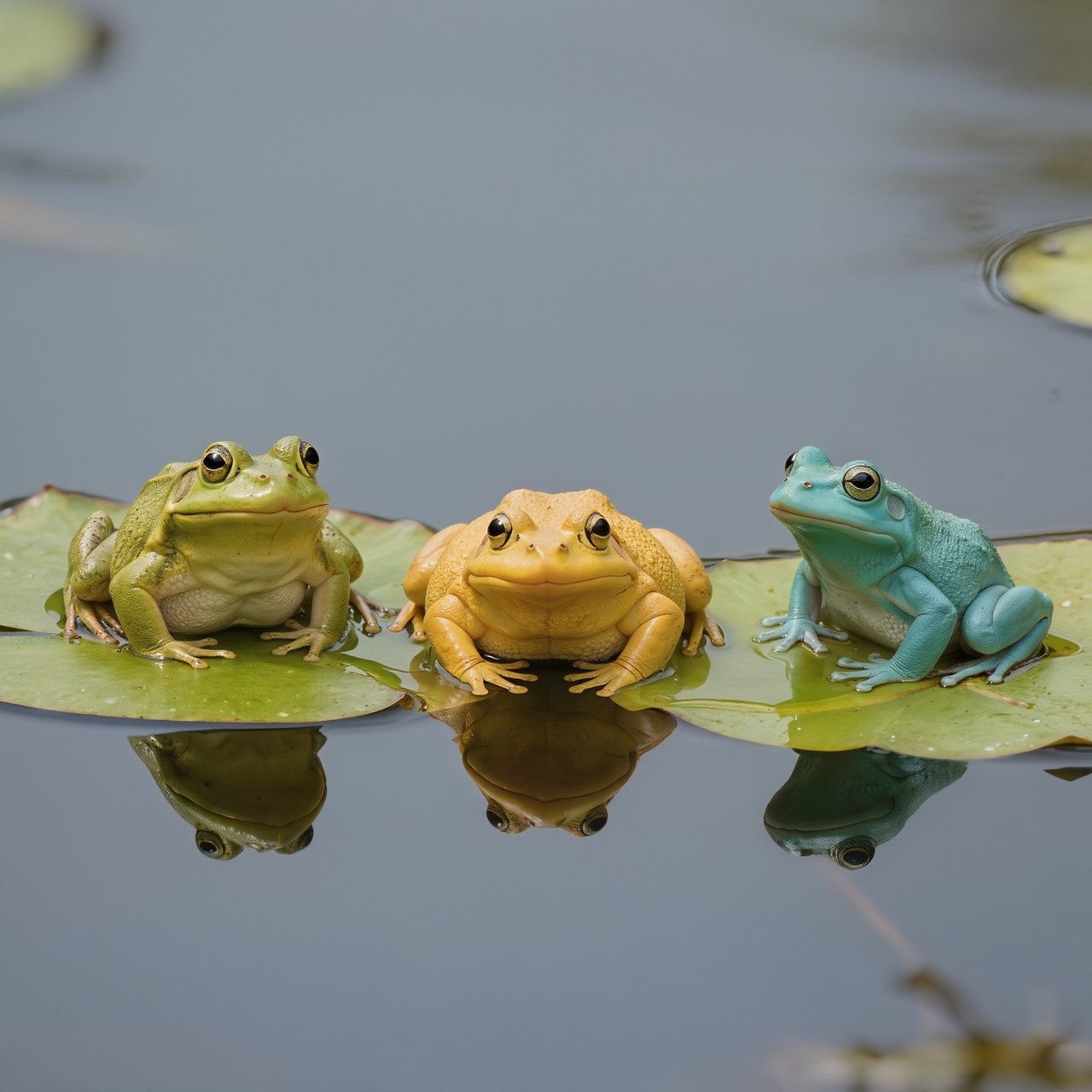 A still pond holds exactly three frogs on separate lily pads: a lime-green frog at the left, a golden-yellow frog in the center, and a turquoise frog at the right. All face forward; nothing else. — Kling v3