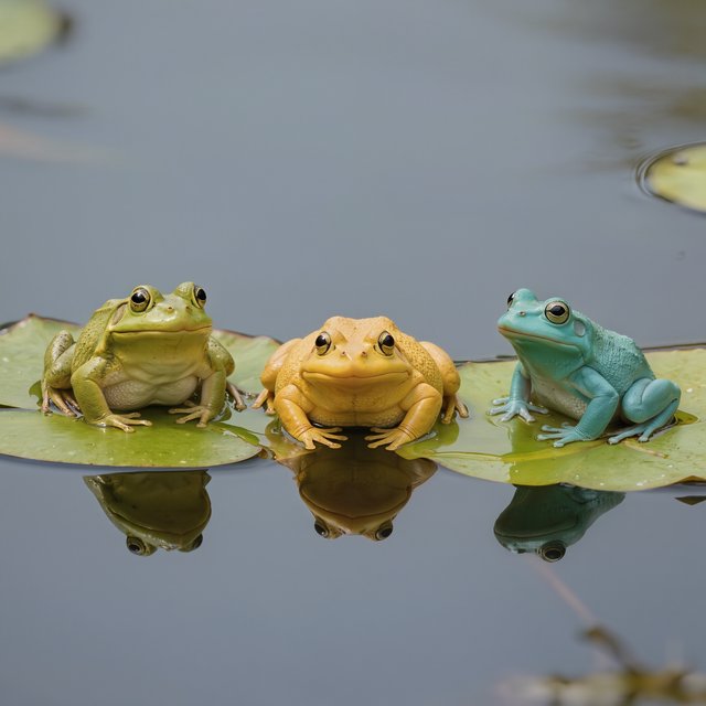 A still pond holds exactly three frogs on separate lily pads: a lime-green frog at the left, a golden-yellow frog in the center, and a turquoise frog at the right. All face forward; nothing else. — Model 9