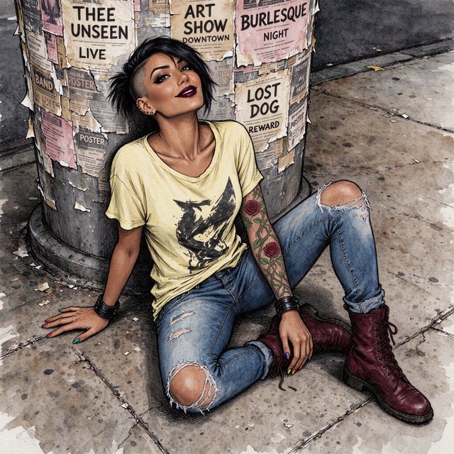 Realistic India ink illustration with crisp black lines, realistic anatomy and proportions, and watercolor fills; black ink outlines remain visible. Full-length, overhead view. A Latina woman sits on the pavement with her back against an enormous, thick round downtown pillar covered in posters for bands, art shows, burlesque, and a lost dog. One hand rests on the pavement, the other on an ankle. She tilts her head back, looking up at the viewer with a confident smile. Character: 25-year-old woman, medium-brown skin, slim build, edgy punk/goth appearance. Black asymmetrical undercut, right side shaved, longer top brushed across forehead, short messy ponytail. Sharp features, arched brows, brown almond-shaped eyes, heavy eyeliner, dark burgundy lipstick, six ear piercings. Each fingernail a different color. Loose pale-yellow graphic T-shirt, ripped blue jeans, dark red combat boots. Full left-arm sleeve tattoo of vines, leaves, and red roses. Thick black leather bracelets on both wrists. — Seedream 5.0 Flash