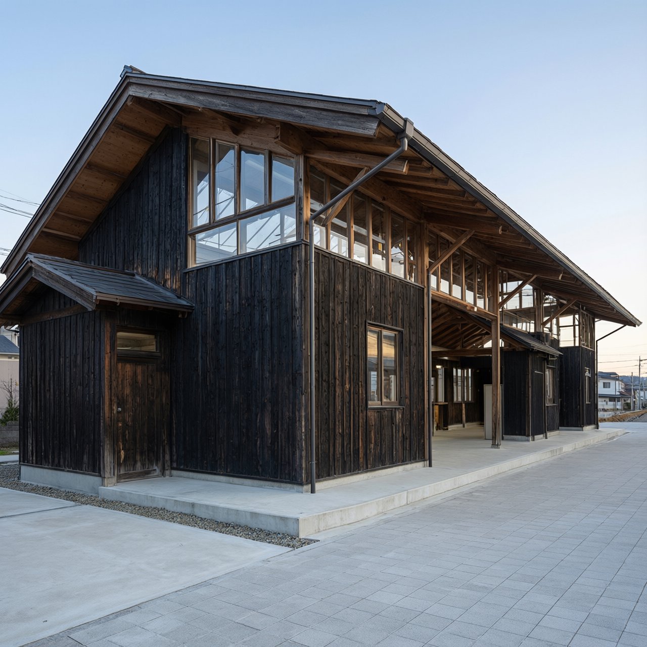 Contemporary Japanese timber train station, charred cedar cladding, pale concrete platform, broad pitched roof with exposed beams and translucent clerestories, cool morning light, viewed obliquely from the quiet approach plaza, precise straight lines and plausible structure. — Qwen Image 3.0 Pro