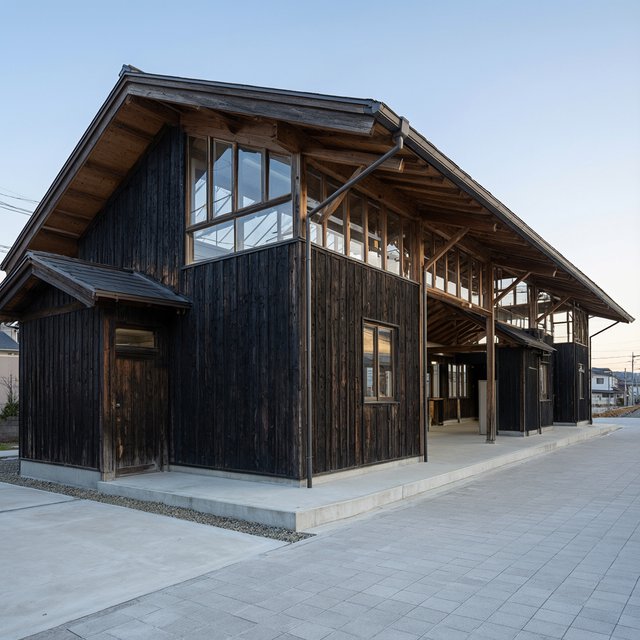 Contemporary Japanese timber train station, charred cedar cladding, pale concrete platform, broad pitched roof with exposed beams and translucent clerestories, cool morning light, viewed obliquely from the quiet approach plaza, precise straight lines and plausible structure. — Qwen Image 3.0 Pro