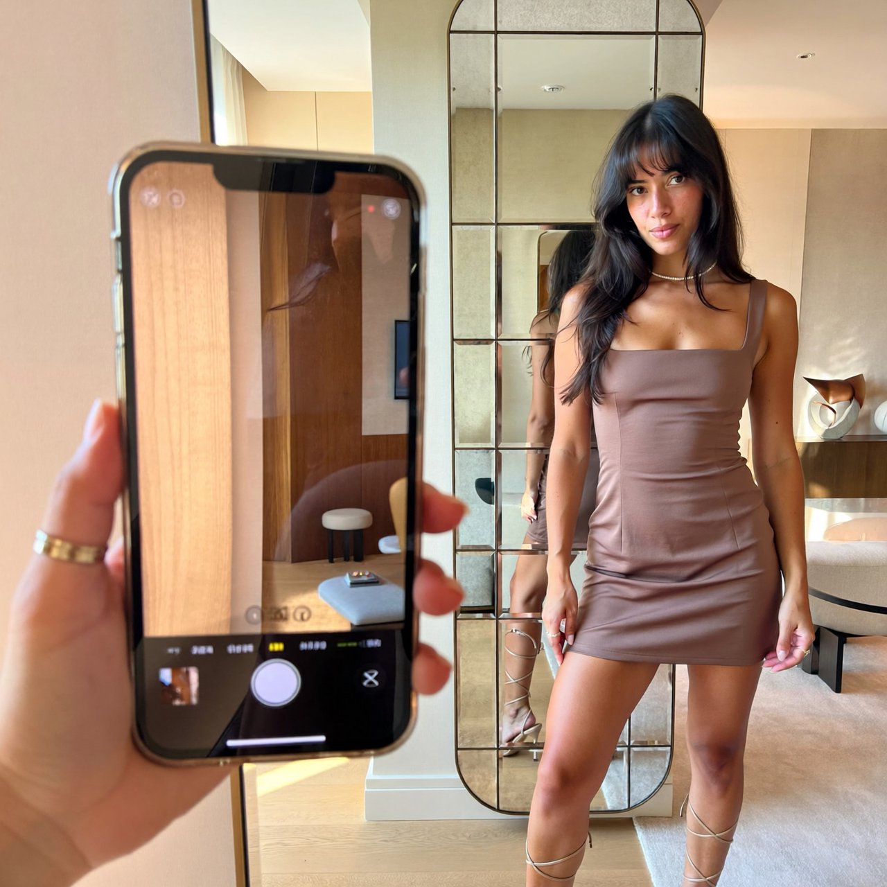 A full-body mirror selfie of a young adult woman with long dark hair, soft bangs, a subtle pearl choker necklace, rings, and exact facial features matching image_4.png. She is taking a photo in a chic, upscale apartment mirror with a stylish interior and warm lighting. She is wearing a fitted, solid-color metallic party mini dress with clean lines, paired with elegant high-heeled strappy sandals that wrap up around her calves. She poses with a confident, poised, and stylish posture, looking directly into her smartphone camera. Natural lighting. — ImagineArt 2