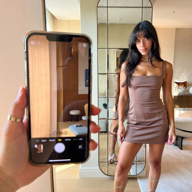 A full-body mirror selfie of a young adult woman with long dark hair, soft bangs, a subtle pearl choker necklace, rings, and exact facial features matching image_4.png. She is taking a photo in a chic, upscale apartment mirror with a stylish interior and warm lighting. She is wearing a fitted, solid-color metallic party mini dress with clean lines, paired with elegant high-heeled strappy sandals that wrap up around her calves. She poses with a confident, poised, and stylish posture, looking directly into her smartphone camera. Natural lighting. — ImagineArt 2