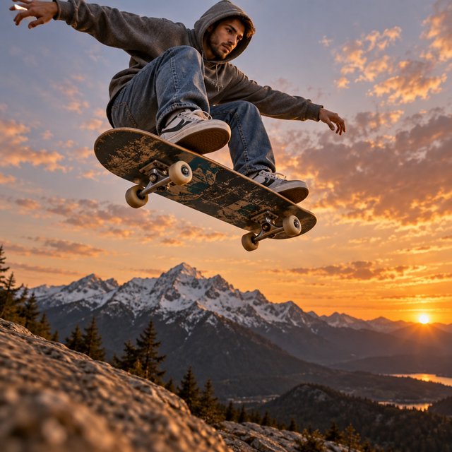 A man wearing a hoodie, jeans, and sneakers rides a skateboard that has taken off the ground. A low angle shows the man on the skateboard up in the air at high speed, with a snow-capped peak in the background beneath a setting sun in the evening sky. — GPT Image 2.5 Sunburst
