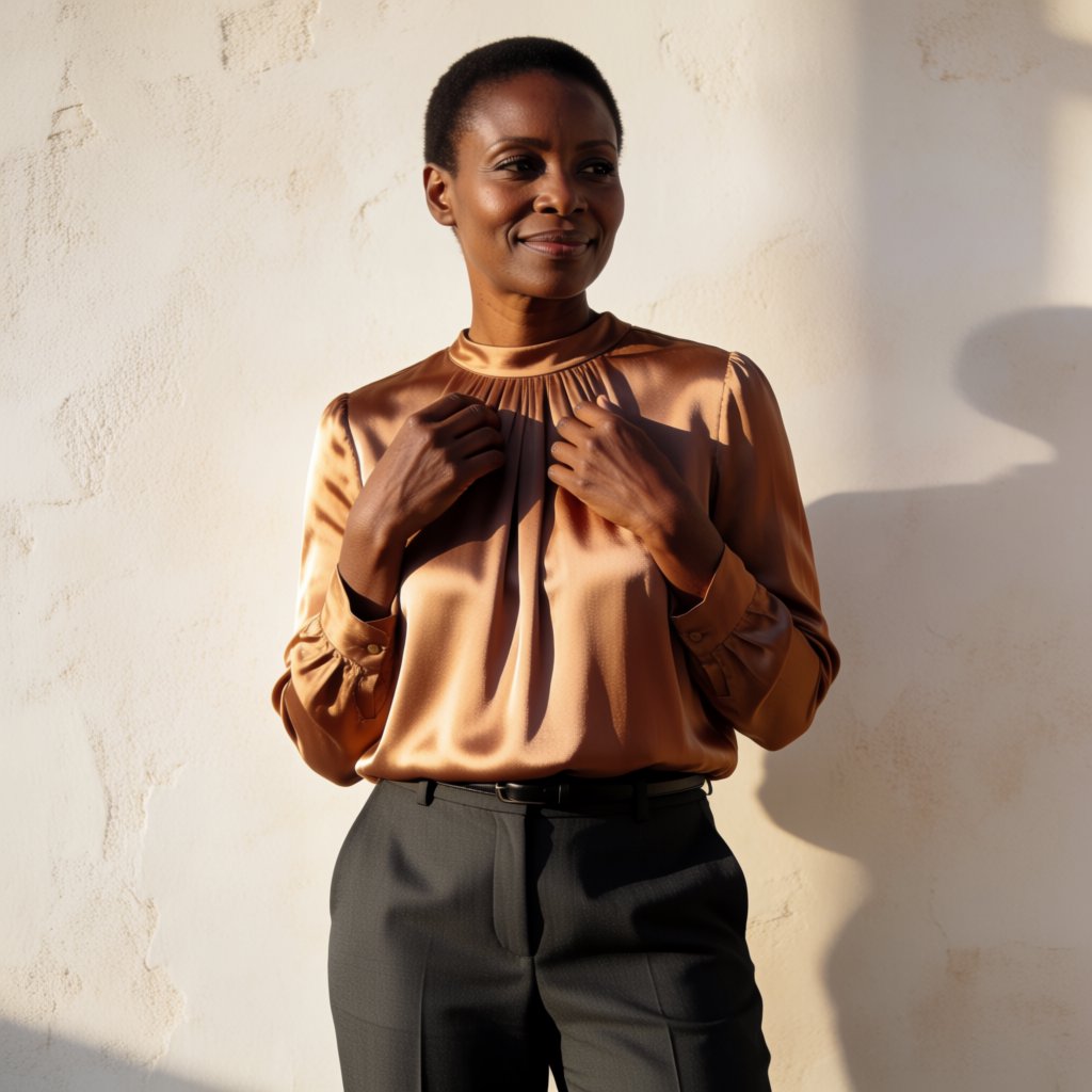 Portrait of an adult Black woman in her 50s wearing a pleated copper satin blouse and tailored charcoal trousers, her hands gently holding the blouse fabric, calm half-smile, warm plaster backdrop, late-afternoon window light grazing her face. — Krea 2 Medium