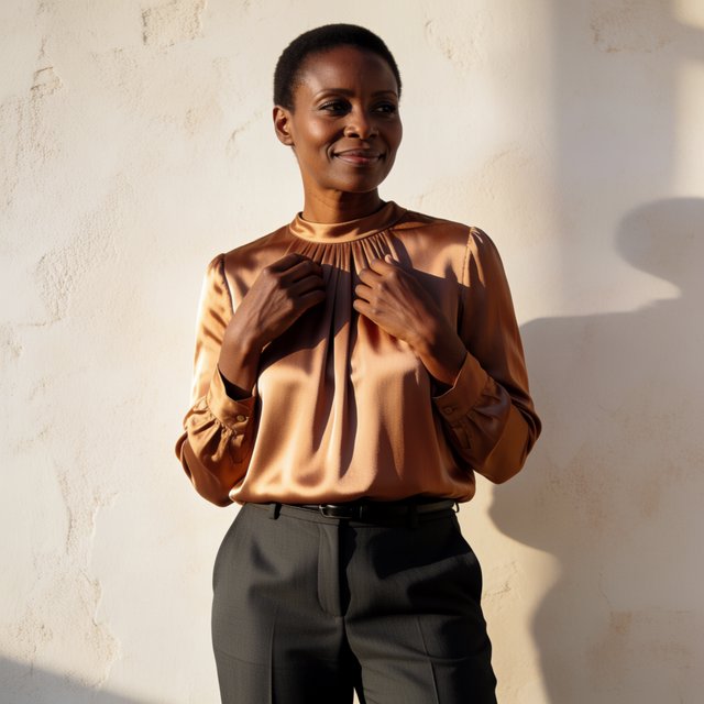 Portrait of an adult Black woman in her 50s wearing a pleated copper satin blouse and tailored charcoal trousers, her hands gently holding the blouse fabric, calm half-smile, warm plaster backdrop, late-afternoon window light grazing her face. — Krea 2 Medium