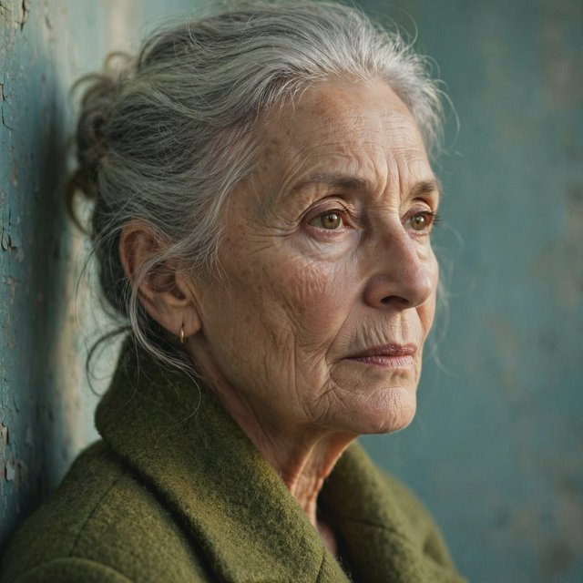 Beside a faded teal studio wall, a close-up fashion portrait frames an adult woman aged 68–76, her weathered skin softly detailed; she wears a moss-green wool coat and holds a calm, searching gaze in gentle side light. — Model 14