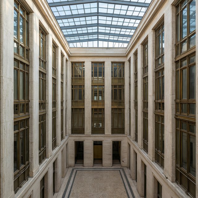 A soaring civic atrium in contemporary Italian Rationalist style pairs pale travertine, bronze mullions, and terrazzo beneath a glazed roof; cool morning light falls from above, viewed from a mezzanine, with aligned bays and credible supports. — Qwen Image 3.0 Pro