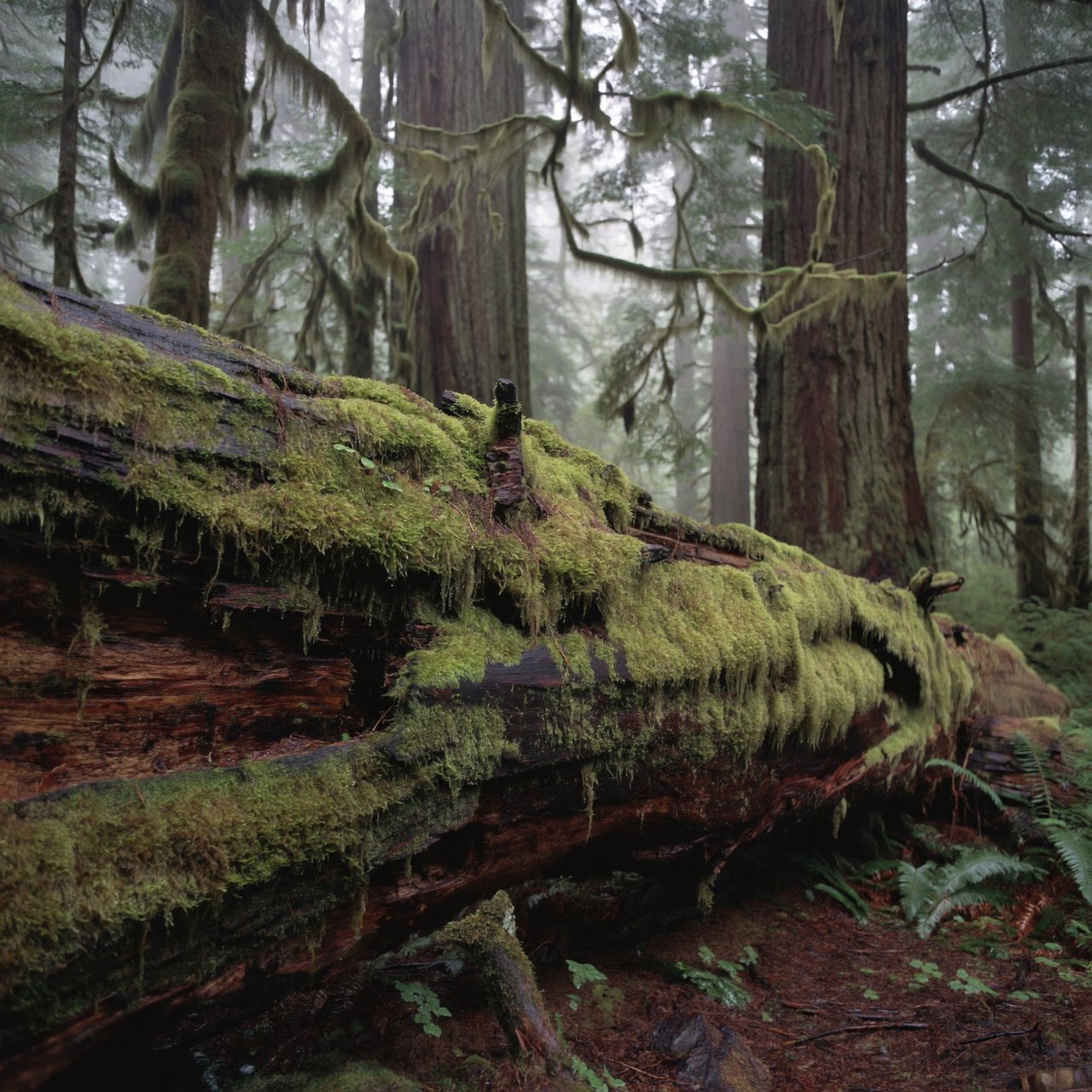 Old-growth temperate rainforest after rain, moss-covered fallen log, fog between the trunks, soft diffused light. — ImagineArt 2