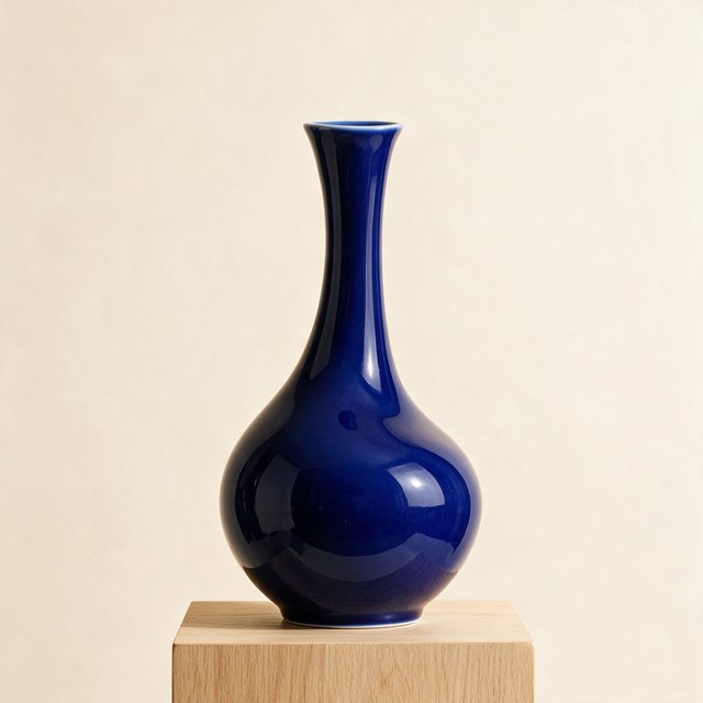 Commercial product photograph of an unbranded sculptural ceramic vase, formed from glossy cobalt porcelain, standing on a pale oak pedestal against a warm ivory background, illuminated by soft directional daylight and subtle fill. — Seedream 5.0 Pro
