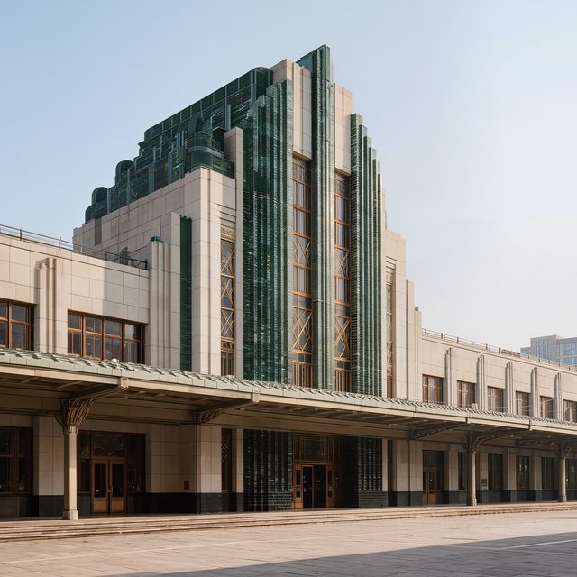 Exterior of an Art Deco railway terminal in pale limestone and dark green glazed brick, with stepped massing, bronze-framed windows, and a broad canopy; clear winter morning light, viewed from the station forecourt, precise lines and credible structure. — Kling v3