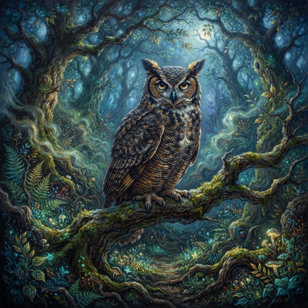 A majestic owl with ancient, knowing eyes perched on a gnarled branch within an ethereal forest. Moonlight filters through the dense canopy, illuminating swirling mists and glowing flora. The scene evokes a sense of deep mystery and ancient magic. Rendered in the style of magical realism with rich oil painting textures. — Nano Banana 2 Lite