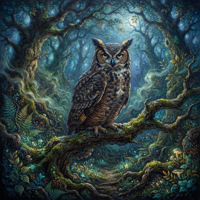 A majestic owl with ancient, knowing eyes perched on a gnarled branch within an ethereal forest. Moonlight filters through the dense canopy, illuminating swirling mists and glowing flora. The scene evokes a sense of deep mystery and ancient magic. Rendered in the style of magical realism with rich oil painting textures. — Nano Banana 2 Lite