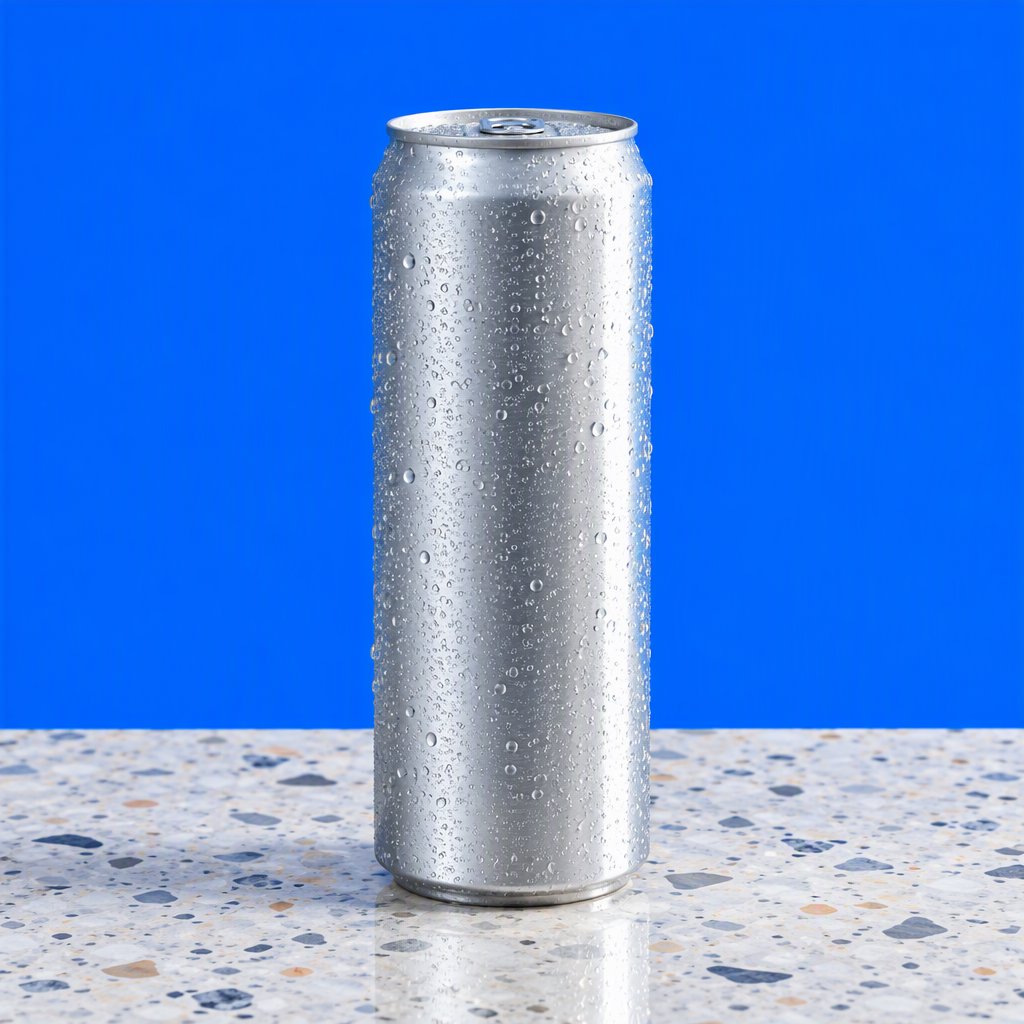 A slim, unbranded sparkling-water can of brushed aluminum, beaded with condensation, stands on a pale terrazzo surface against a seamless electric-blue background; broad overhead diffusion and a crisp side strip create clean highlights, with no lettering or graphics. — GPT Image 2.5 Flare
