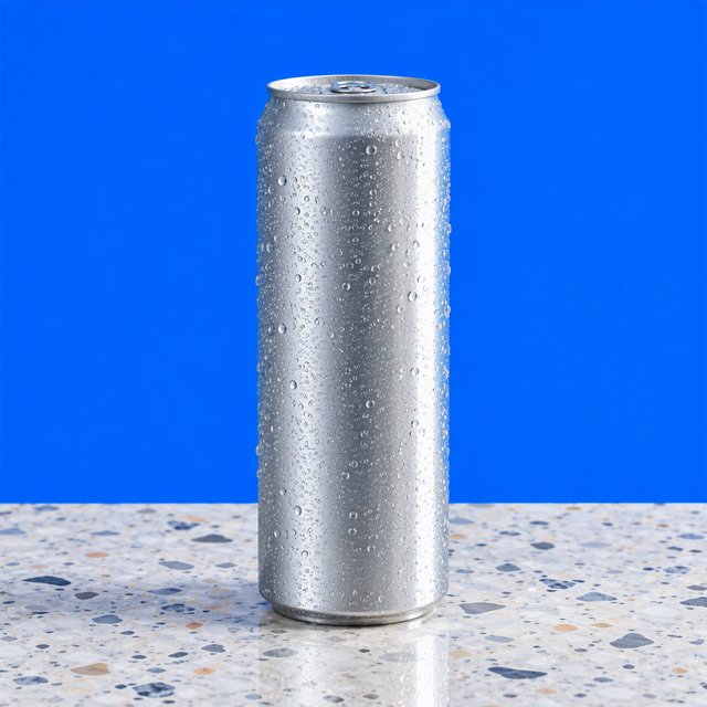 A slim, unbranded sparkling-water can of brushed aluminum, beaded with condensation, stands on a pale terrazzo surface against a seamless electric-blue background; broad overhead diffusion and a crisp side strip create clean highlights, with no lettering or graphics. — GPT Image 2.5 Flare