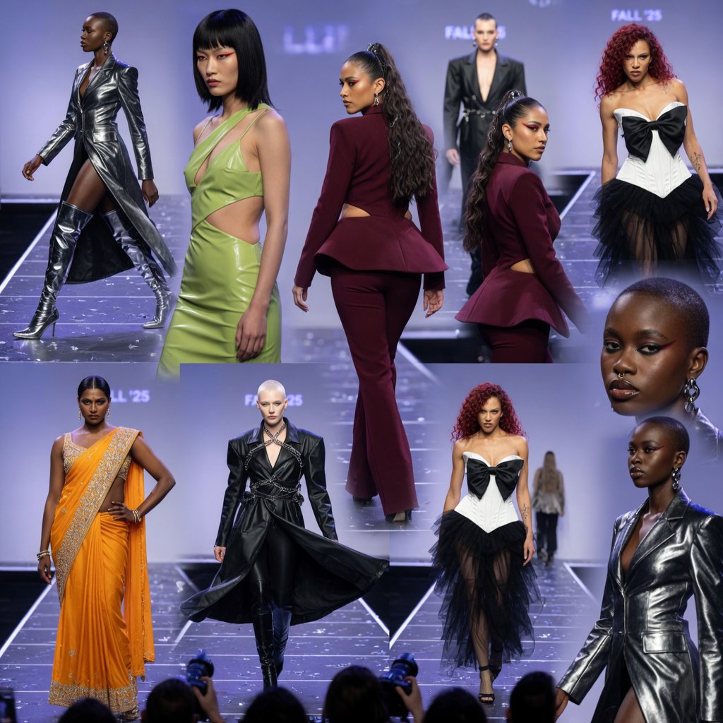 Adult female fashion models on the runway. There are models of all races: white, Black, Asian, Mexican, Indian, mixed race, etc. The vibe is cool and fierce. Many angles. — Grok Imagine Image Quality