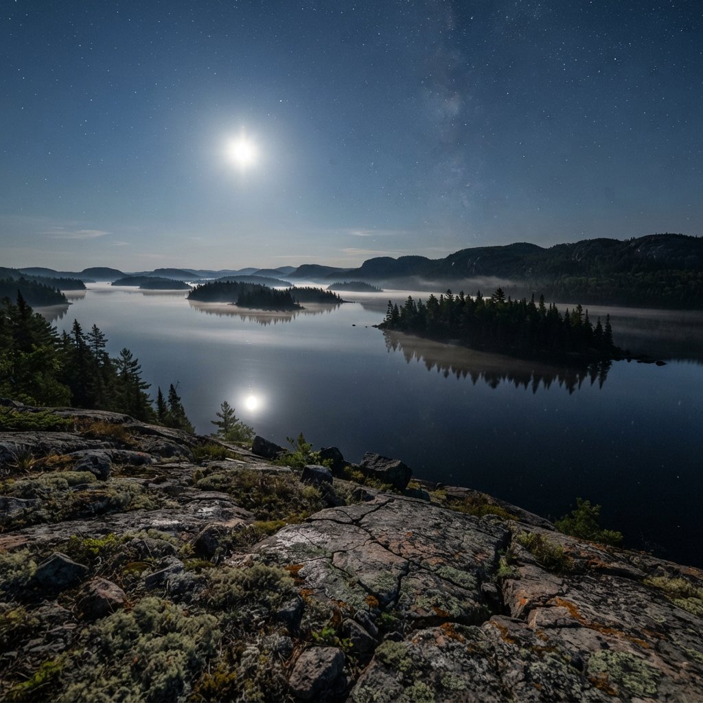 An expansive boreal lake beneath a clear, cold midnight sky, pale moonlight catching thin mist above dark water; spruce-covered islands recede toward distant ridges, while lichen and cracked granite sharpen the near shoreline. — Nano Banana 2 Lite