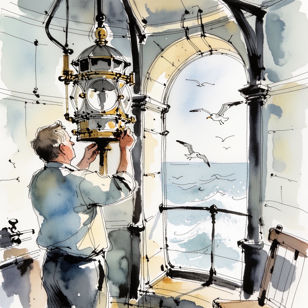 Ink-and-watercolour illustration of an adult lighthouse keeper repairing a brass lantern inside a windswept cliff tower, gulls circling beyond the window and sea spray glowing below. Palette of navy, rust, seafoam, and warm ivory, with expressive linework. — Krea 2 Medium