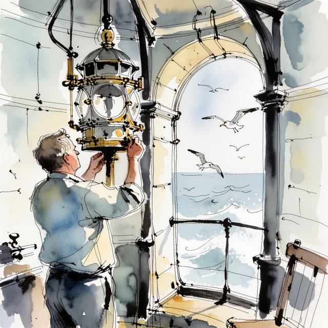 Ink-and-watercolour illustration of an adult lighthouse keeper repairing a brass lantern inside a windswept cliff tower, gulls circling beyond the window and sea spray glowing below. Palette of navy, rust, seafoam, and warm ivory, with expressive linework. — Krea 2 Medium