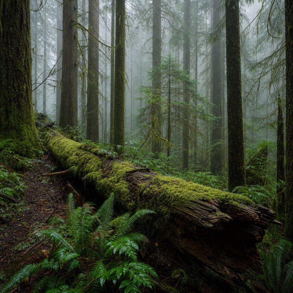 Old-growth temperate rainforest after rain, moss-covered fallen log, fog between the trunks, soft diffused light. — GPT Image 2