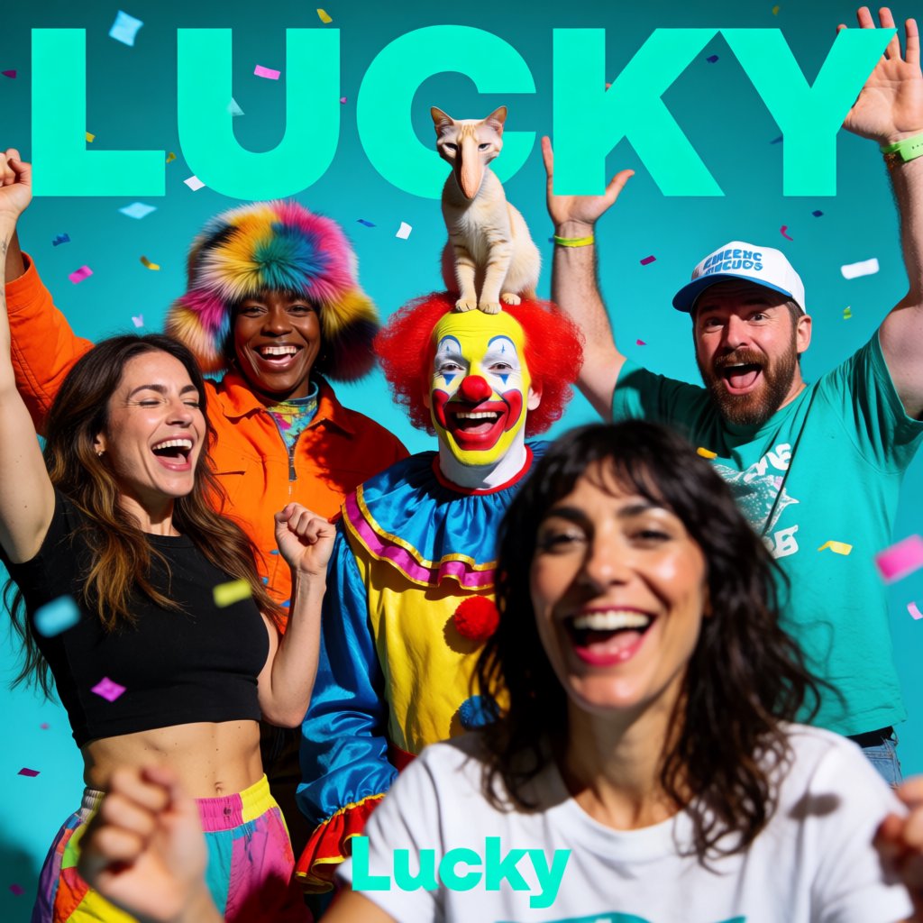 Realistic. Four to five adults having a very lucky day. One of the people is a clown with a very strange cat on their head. Another is wearing a black crop top and multicolored shorts. The word “Lucky” is seen at least twice in the background. — Krea 2 Medium