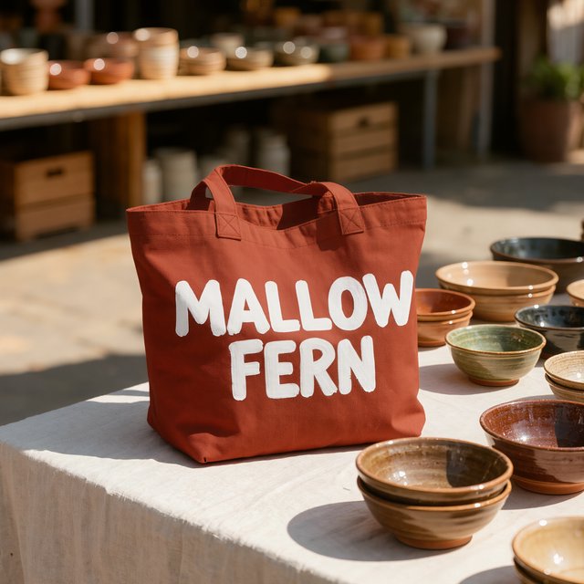 Sunlight pools over a pottery market table, where a rust-red canvas tote rests beside glazed bowls; "MALLOW FERN" is hand-painted in chunky white letters on its front, with no other legible writing. — Model 9