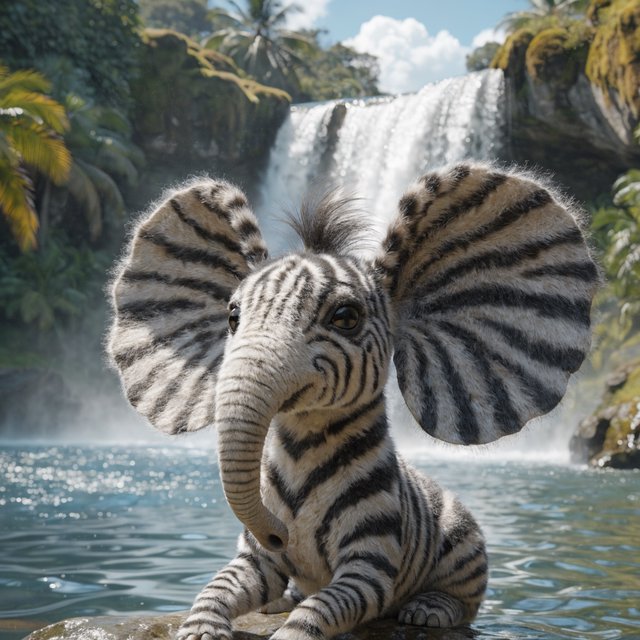 An adorable animal in a cartoon illustration, a cross between an elephant, a zebra, and a mouse. On the shore at the base of a magical waterfall flowing into a crystal-blue pond. Ripples create a wavy reflection in the water. — Recraft v4