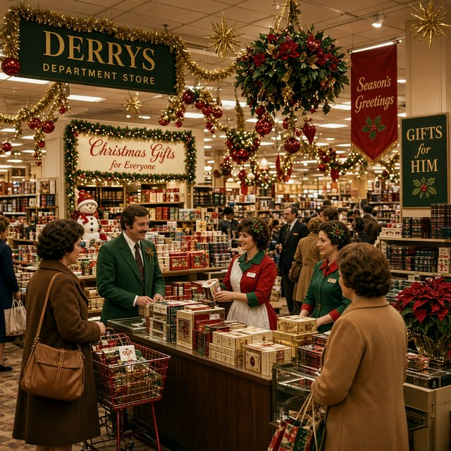 A UK department store in the 1970s at Christmas time. The lighting and decor will be very festive, with staff members dressed in festive outfits. — Grok Imagine Image 2
