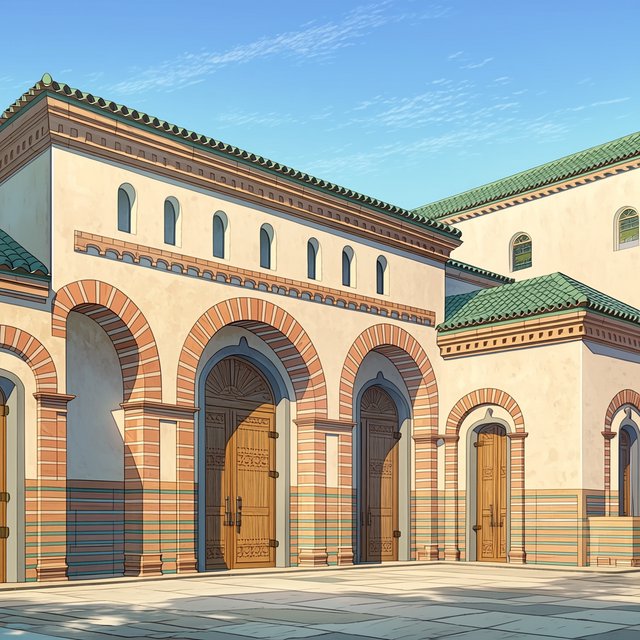 Exterior of a Moorish Revival municipal bathhouse, pale buff stucco, striped brick arches, green glazed tile roof and carved cedar doors; clear morning light, viewed across a paved courtyard, with coherent structure and crisp lines. — Midjourney Niji 7