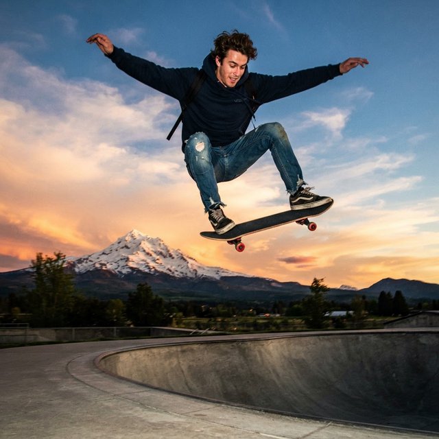 A man wearing a hoodie, jeans, and sneakers rides a skateboard that has taken off the ground. A low angle shows the man on the skateboard up in the air at high speed, with a snow-capped peak in the background beneath a setting sun in the evening sky. — Nano Banana 2 Lite