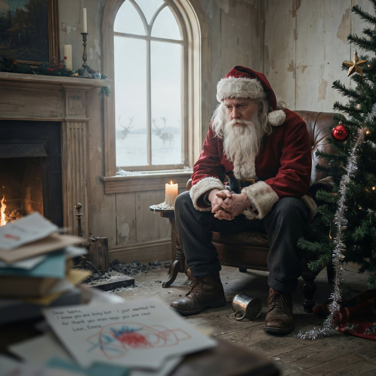 A melancholic, somewhat disheveled Santa Claus in a worn, dirty coat. He sits in his cabin at the North Pole next to a desolate, needleless Christmas tree, its decorations hanging only sporadically. The aura radiates a quiet despair. — Ideogram v4