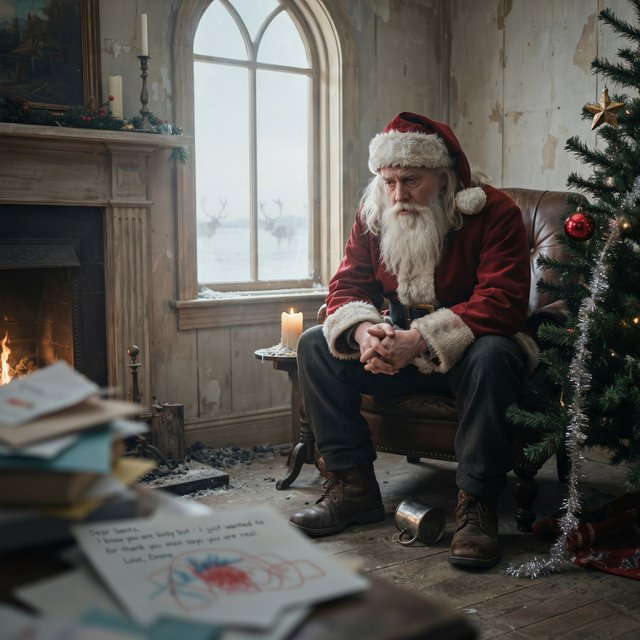 A melancholic, somewhat disheveled Santa Claus in a worn, dirty coat. He sits in his cabin at the North Pole next to a desolate, needleless Christmas tree, its decorations hanging only sporadically. The aura radiates a quiet despair. — Ideogram v4