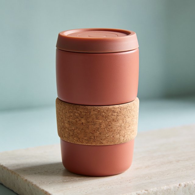 Commercial product photograph of an unbranded insulated travel mug made from matte terracotta powder-coated steel with a cork grip, standing on a pale limestone slab against a soft teal background, lit by broad diffused window light and a gentle edge light. — Krea 2 Medium