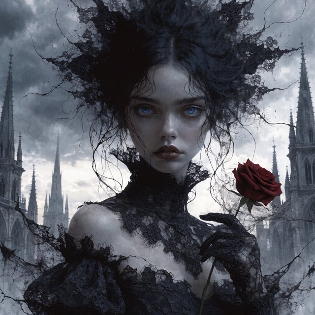 Atmospheric lighting creates soft background gradients through value blending, and surreal dark textures produce cracked surfaces and splatter via organic mark making. The fusion manifests as lace edges, dramatic chiaroscuro, and sharp focal contrast, transforming any subject through meticulous gothic surface modeling. A gothic woman depicted in 2026, with spiky black hair, blue eyes, and pale skin, wearing a black off-shoulder lace dress with a high ornate collar and puffed sleeves, holding a red rose. Close-up at eye level, the woman facing forward with her head slightly tilted, gazing directly at the viewer, holding a red rose in her right hand near her shoulder. Scene set before a gothic cathedral during overcast twilight, with misty atmosphere, featuring tall church spires in the background. — Recraft v4