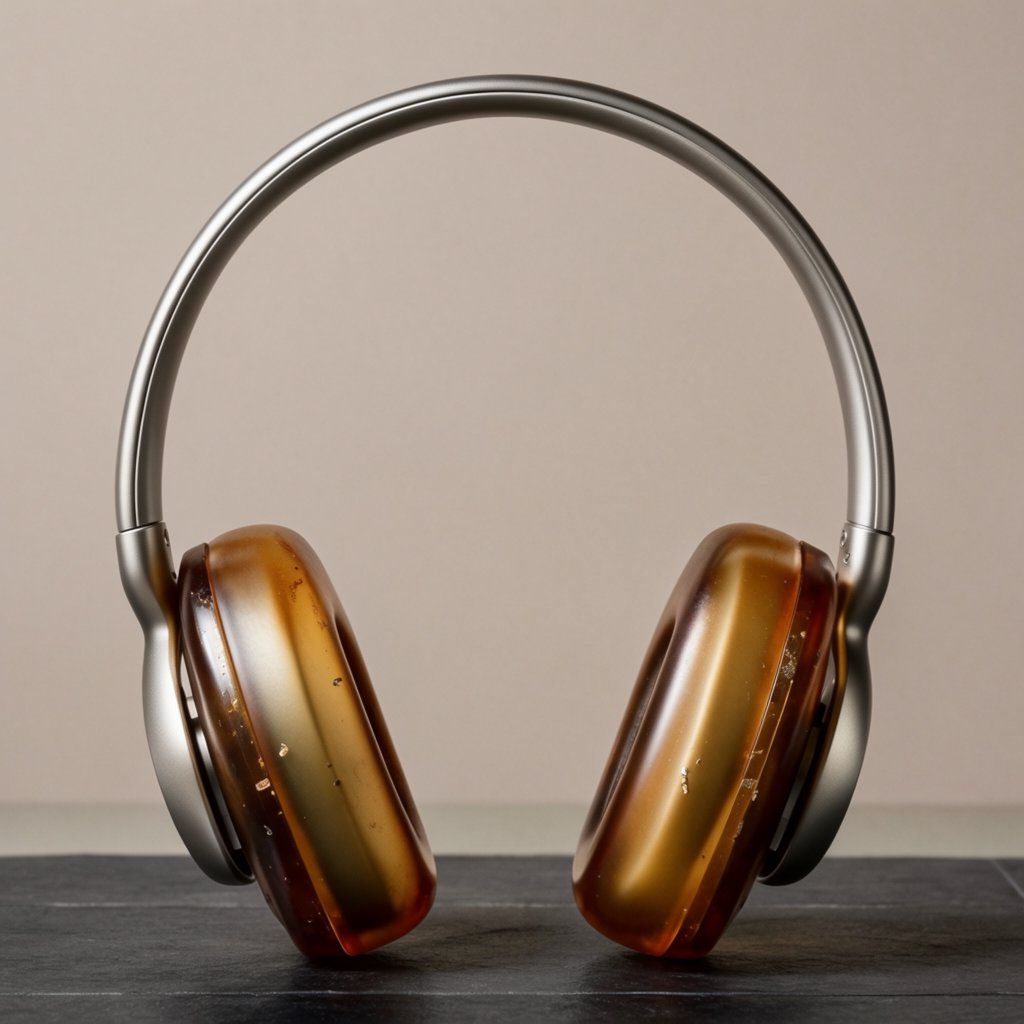 Commercial product photograph of unbranded over-ear headphones crafted from translucent amber resin and brushed titanium, resting on a dark slate surface against a muted cream background, lit by a broad diffused softbox and a delicate rim light. — Krea 2 Large