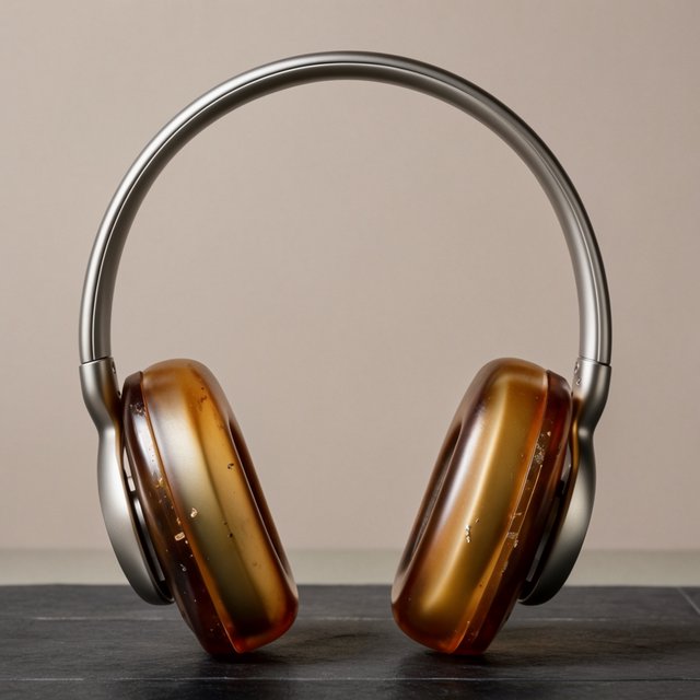 Commercial product photograph of unbranded over-ear headphones crafted from translucent amber resin and brushed titanium, resting on a dark slate surface against a muted cream background, lit by a broad diffused softbox and a delicate rim light. — Krea 2 Large