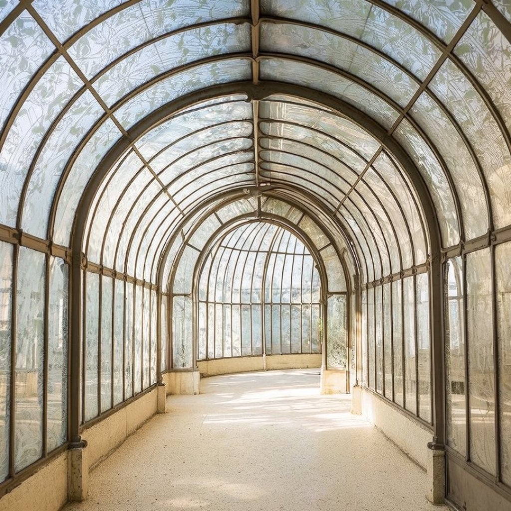 Interior of an Art Nouveau winter garden, curved iron ribs, cream terrazzo floor, hand-painted botanical glass panels, filtered late-afternoon sunlight, viewed from the entrance along the central axis, elegant geometry and believable load-bearing structure. — Krea 2 Large