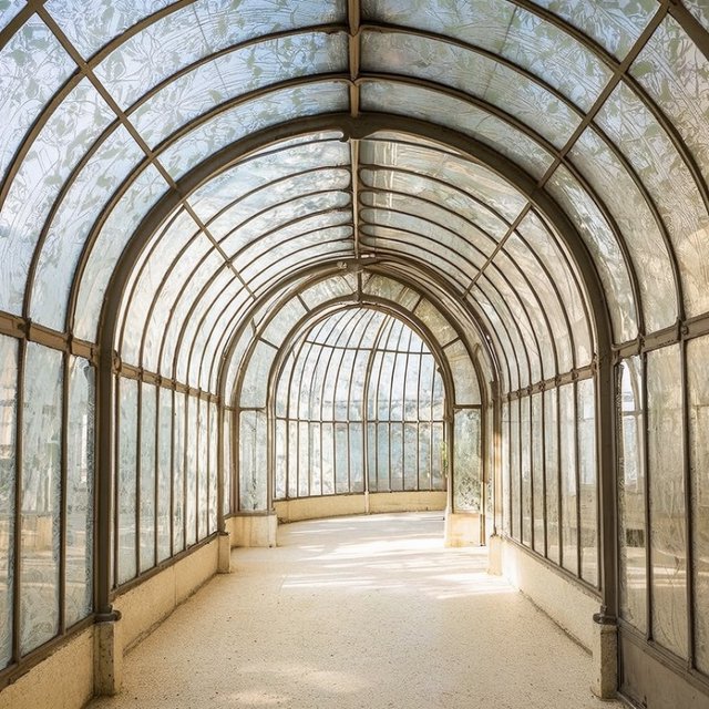 Interior of an Art Nouveau winter garden, curved iron ribs, cream terrazzo floor, hand-painted botanical glass panels, filtered late-afternoon sunlight, viewed from the entrance along the central axis, elegant geometry and believable load-bearing structure. — Krea 2 Large