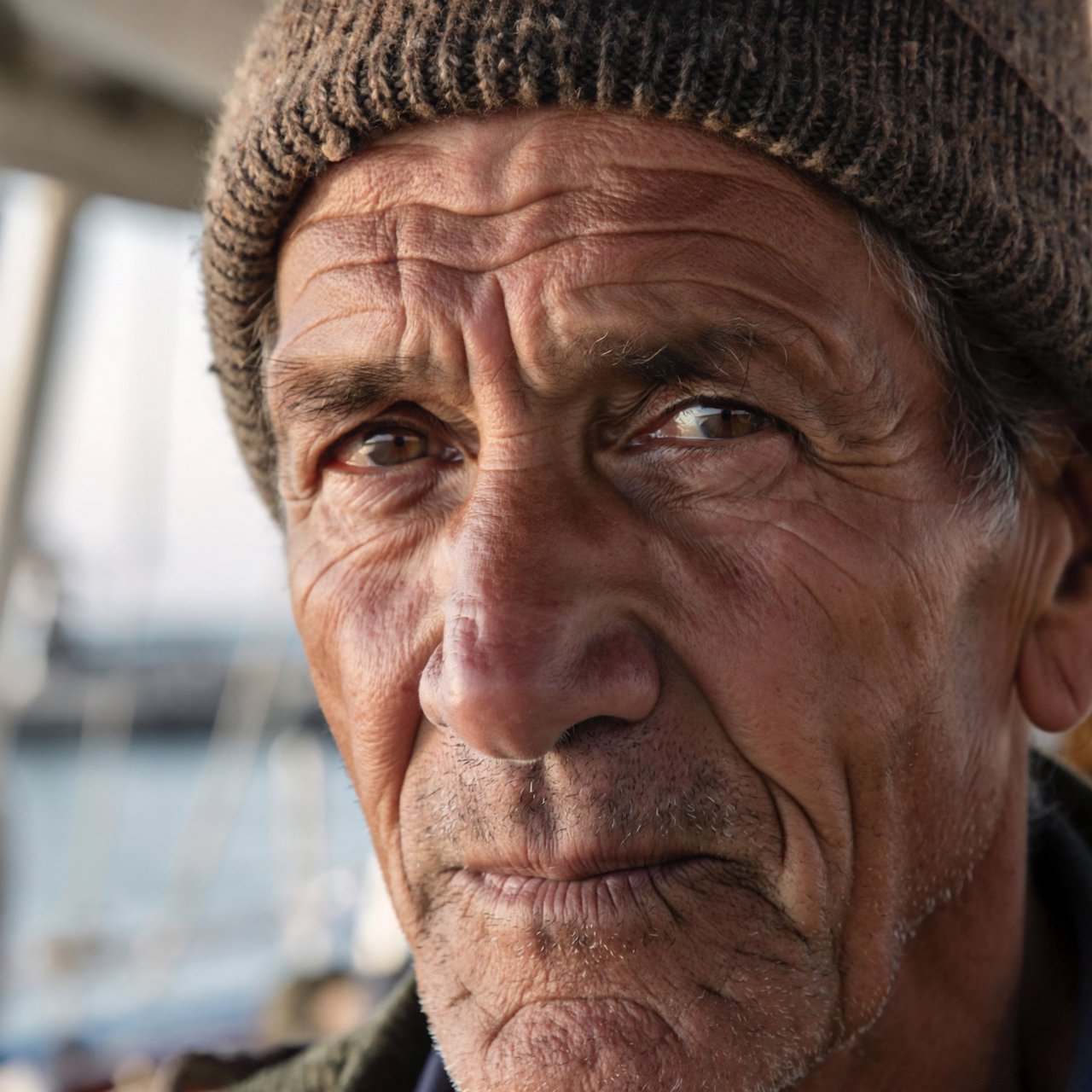Close-up portrait of an elderly fisherman with deep wrinkles and a knitted cap, catchlights in the eyes, weathered skin texture, soft window light. — ImagineArt 2