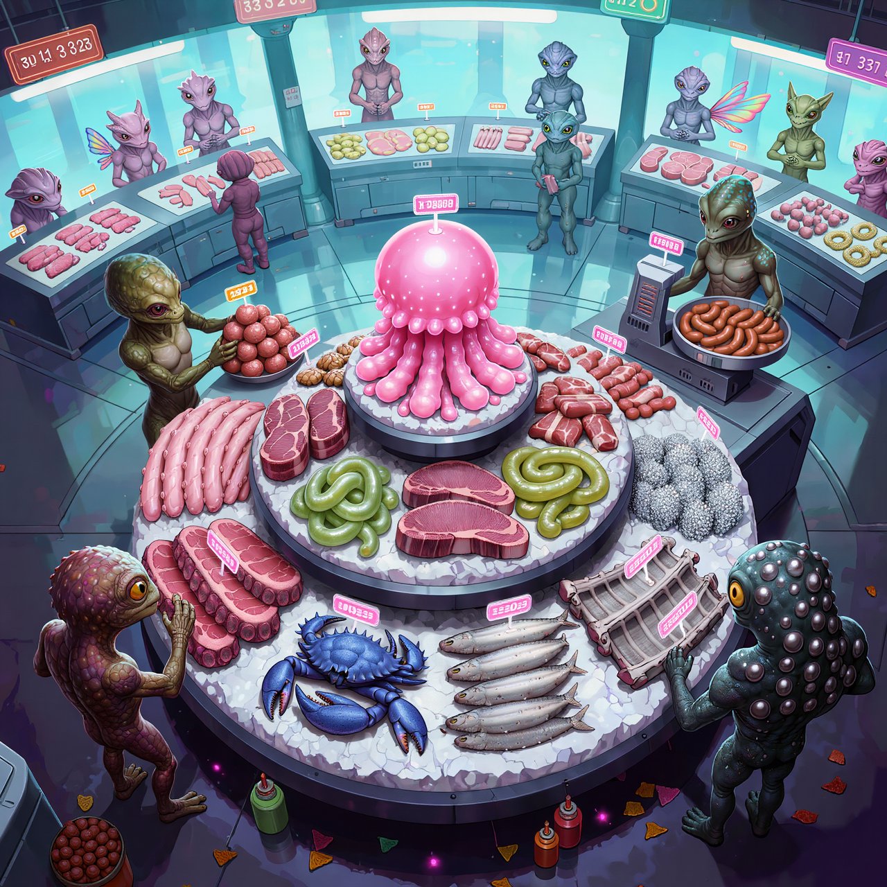 Exotic alien meat market with every possible meat imaginable on sale! — Kling v3