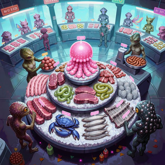 Exotic alien meat market with every possible meat imaginable on sale! — Kling v3