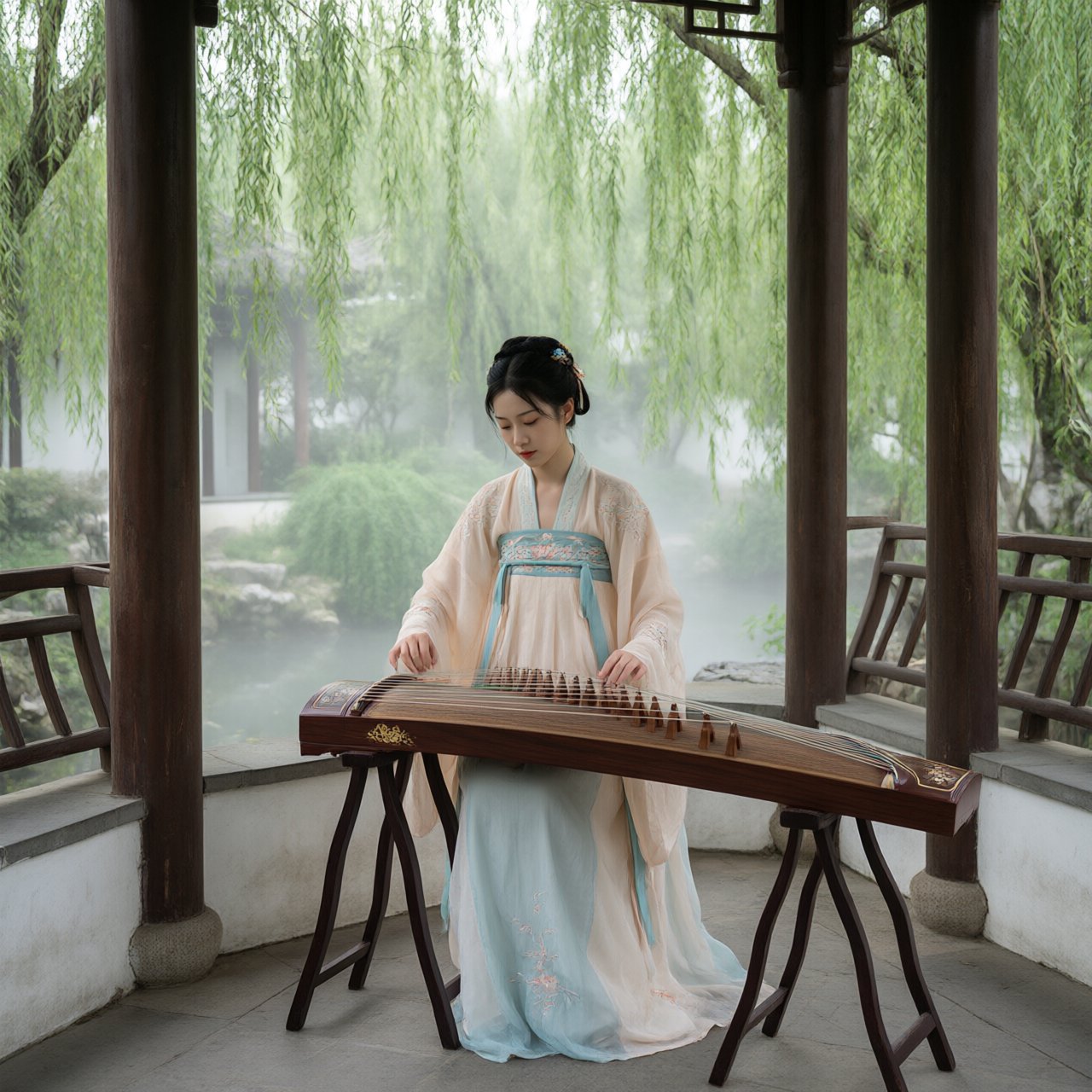An elegant ancient Chinese lady in hanfu plays the guzheng in a quiet garden pavilion, surrounded by willow trees and mist, creating a poetic atmosphere. — Qwen Image 3.0