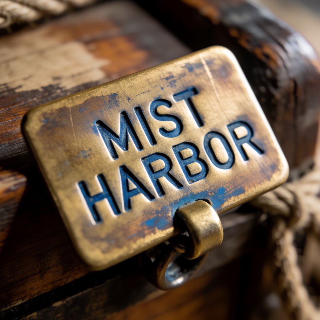 A brass luggage tag hangs from a weathered sea chest in a harbor loft, its face bearing “MIST HARBOR” in deeply stamped blue capitals; ropes and salt-crusted fittings surround it, with no other writing visible. — Krea 2 Medium