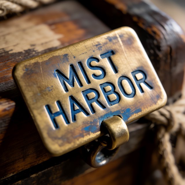 A brass luggage tag hangs from a weathered sea chest in a harbor loft, its face bearing “MIST HARBOR” in deeply stamped blue capitals; ropes and salt-crusted fittings surround it, with no other writing visible. — Krea 2 Medium