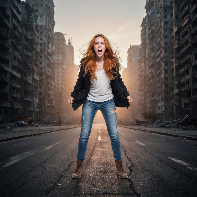 Fantasy fashion mood establishing image of a young woman on an endless street in a pose. Shot on a full-frame camera with an ultra-wide lens at f/2.0, from a very low perspective with a big up-tilt. The woman is centered in the mid-lower third of the frame. Woman: 22 years old, fair skin with slight freckles on her cheeks and nose, orange, messy, very long hair flying in the wind. Dressed in a pair of ripped blue slim jeans, a white baggy tank top, and a black short-waisted jacket moving in the wind; on her feet, you see a pair of old brown leather army boots. Background: an endless street in a post-apocalyptic metropolitan city with huge, destroyed high-rise buildings. There is a slight static fog in the air that is only moving at the woman's feet. Lighting: sunset, with the sun directly behind the woman, creating sunbeams crossing the fog and a soft, warm rim light on her body and flying hair. Pose: the woman is in a full-frontal, wide stance with her feet shoulder-width apart, screaming angrily at what's coming. — Model 8