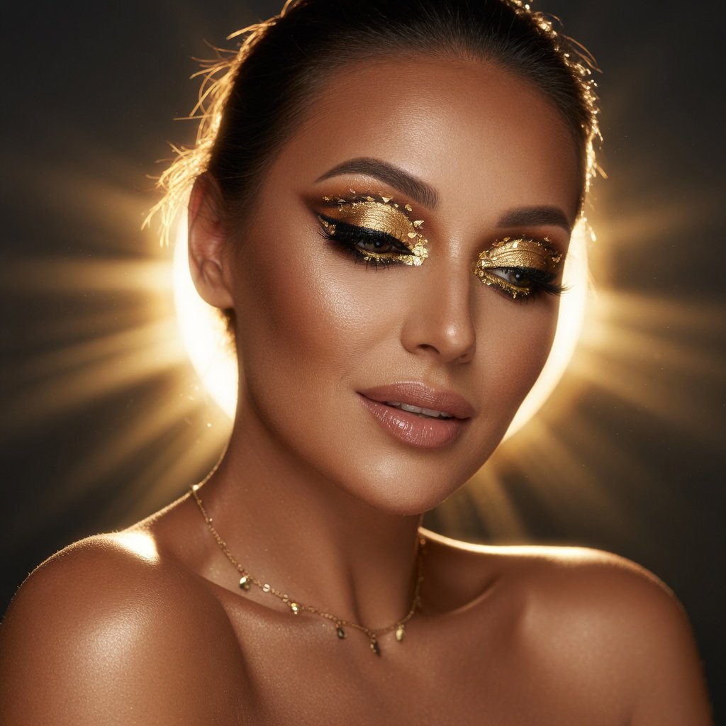 Beauty close-up of an adult woman with bronzed skin and gold eye makeup, bare shoulders, studio backlight halo, high-end campaign look. — Grok Imagine Image Quality