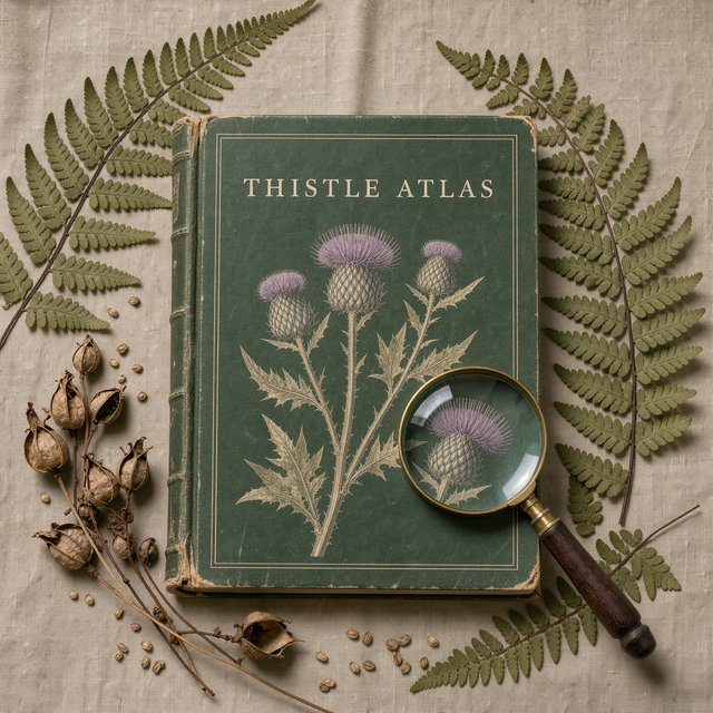 Pressed fern fronds, seed pods, and a magnifying lens frame a naturalist’s field-guide book cover on moss-green cloth; “THISTLE ATLAS” spans the upper third in hand-cut ivory serif capitals, with no other legible writing. — Model 1