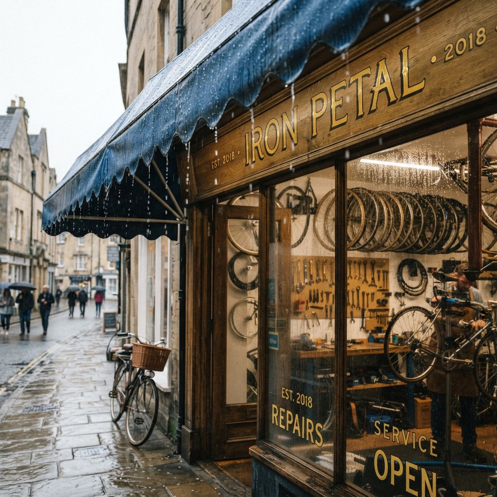 Rain beads on a bicycle repair shop’s blue awning, with wheels and brass tools visible behind the glass; “IRON PETAL” is lettered in warm yellow enamel capitals across the wooden fascia. — Nano Banana 2 Lite
