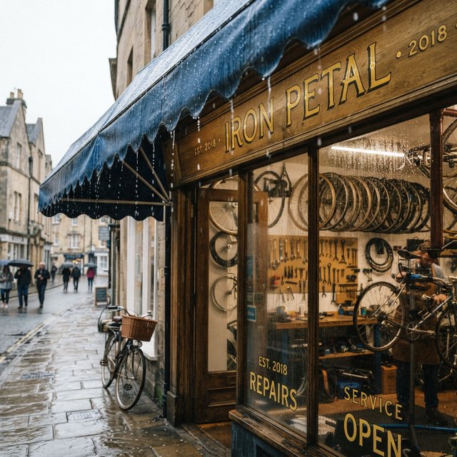Rain beads on a bicycle repair shop’s blue awning, with wheels and brass tools visible behind the glass; “IRON PETAL” is lettered in warm yellow enamel capitals across the wooden fascia. — Nano Banana 2 Lite